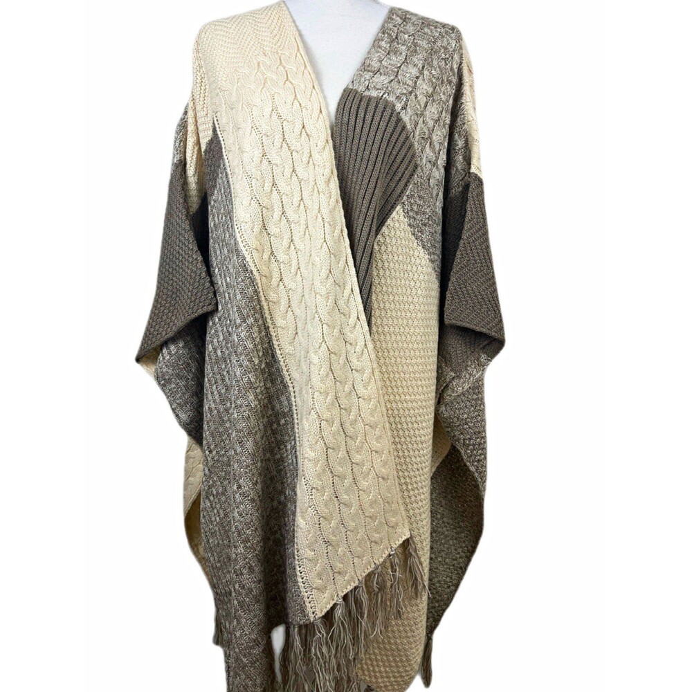 Knox Rose Women’s 2XL Beige/Tan Colorblock Cable Knit Open Fringe Poncho